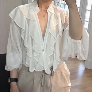 W LES FEMMES by BABYLON Women’s White Ruffle Cascade Chiffon Blouse